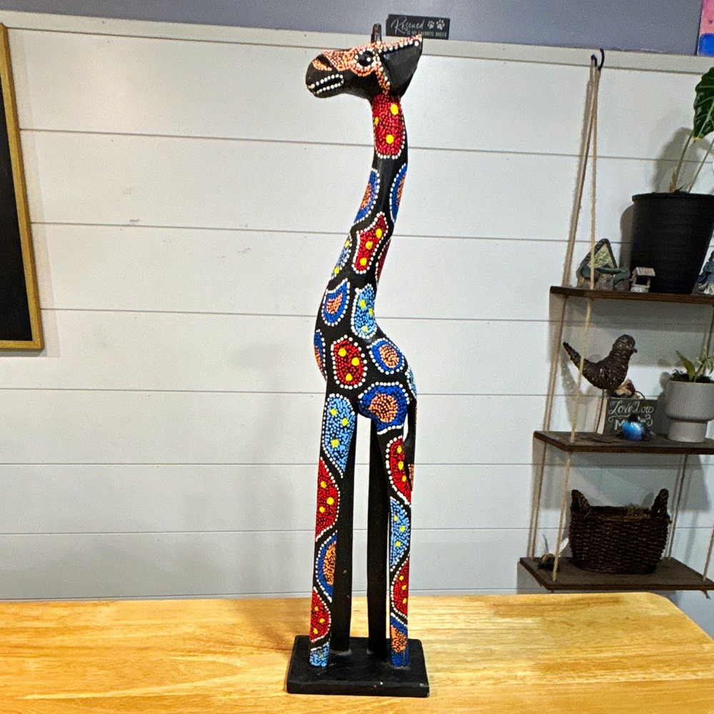 Hand-Painted Wooden Giraffe Figurine with Dot Painted Pattern on Stand, 24" tall